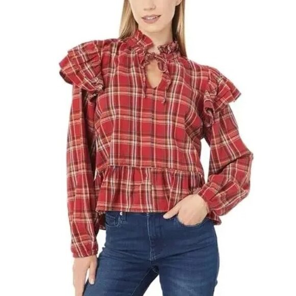 Blank NYC Top Red Plaid Flannel Ruffle Long Sleeves Boho Popover Womens Med - Picture 1 of 14
